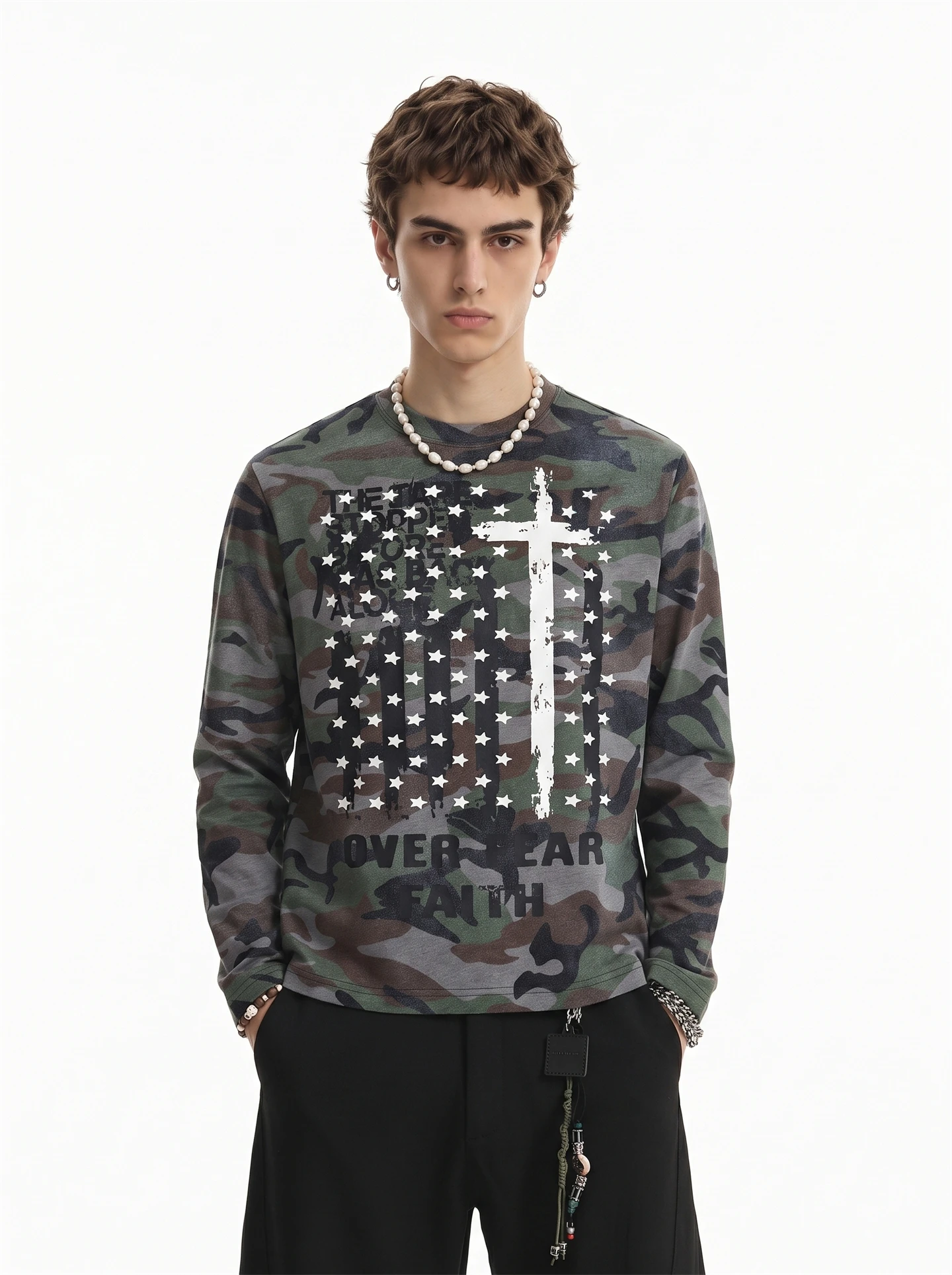 American Retro Star Letter Print Long Sleeve T-Shirt Men's Loose Fit Camouflage Top Youth Trend Autumn New Style INS Fashion