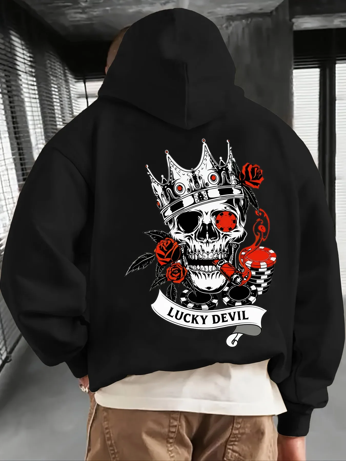 Trending Lucky Devil Crown Skull Rose Poker Chip Graphic Hoodie Back Print Pullover Hoodie Unisex Loose Hoody