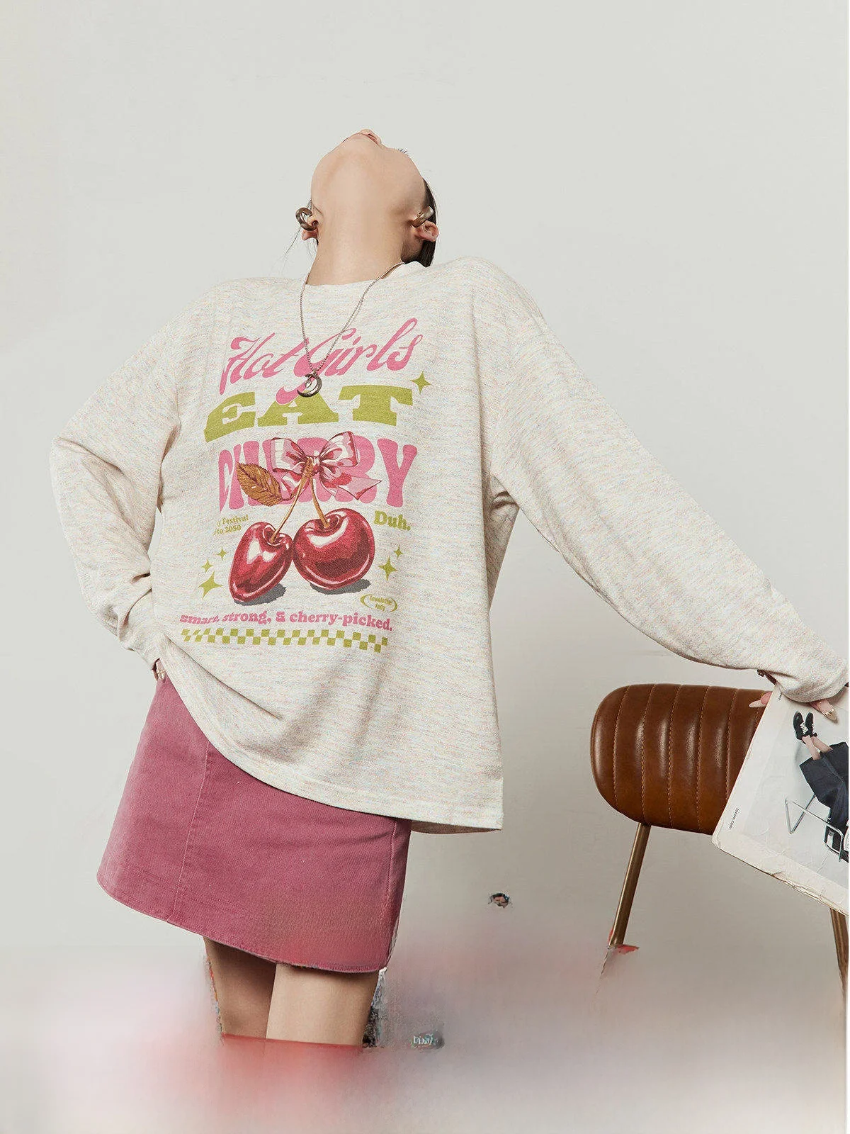 

Cherry Blossom Print Women's T-shirt Light Pink Loose Casual Style Long Sleeve round Neck Top Breathable Comfortable Spring N...