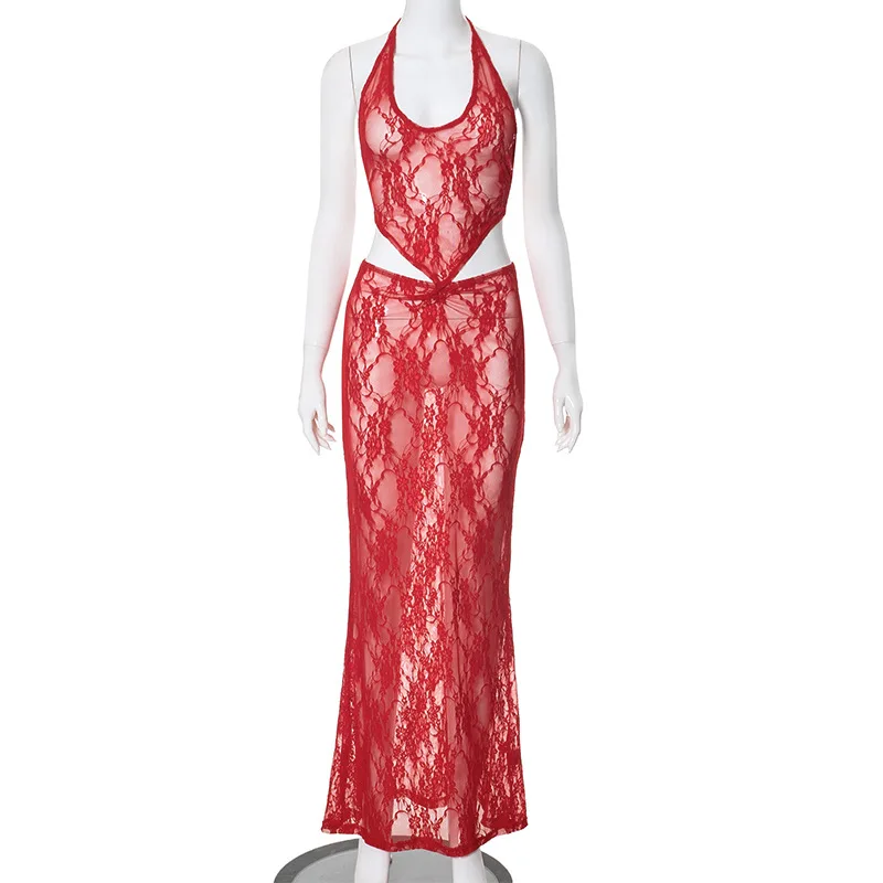 SKMY 2 Piece Outfits Women Sexy Lace See-Through Halter Neck Irregular Crop Top And Pleated Long Skirt Set Party Clubwear