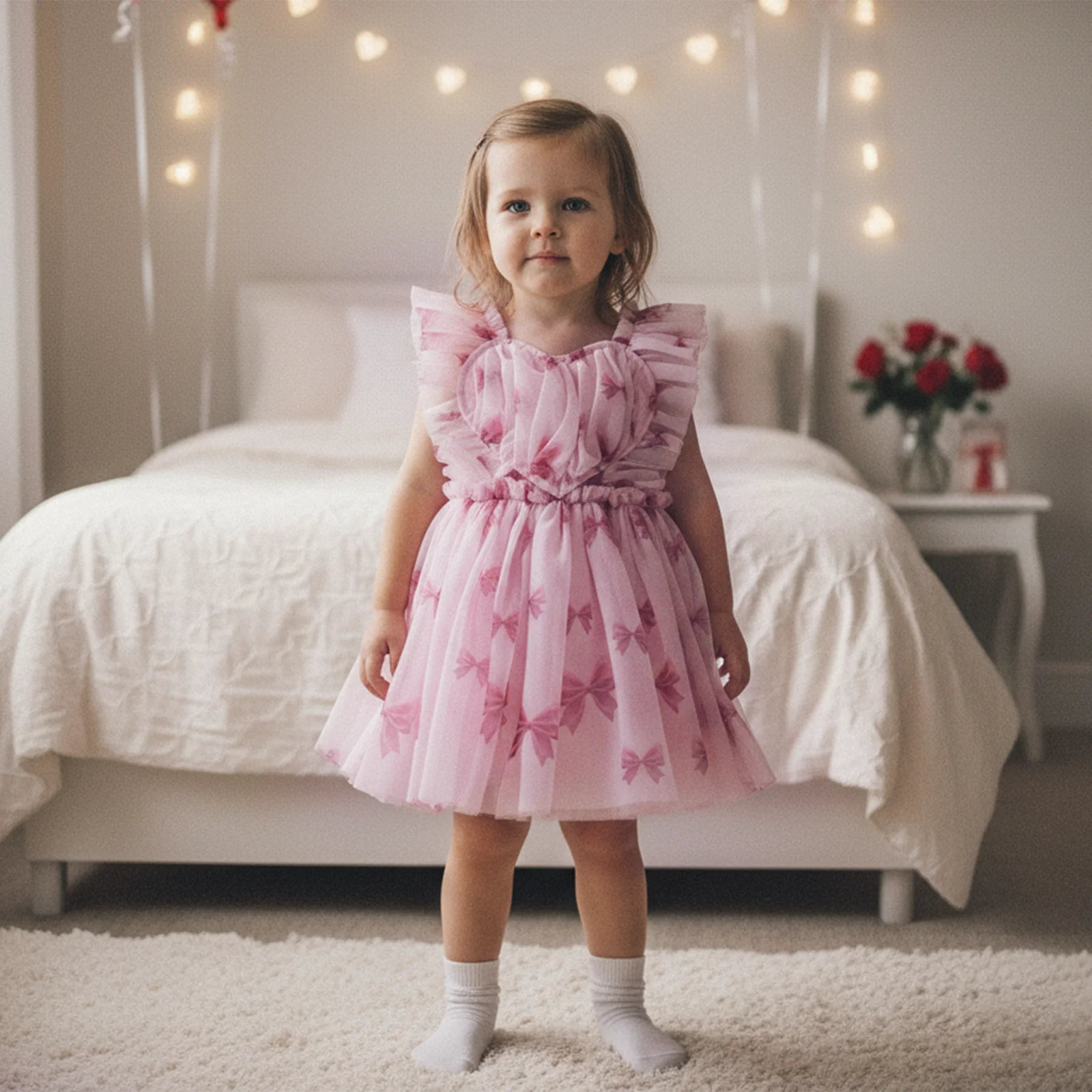 Infant Baby Girl Valentine’s Day Tulle Dress Heart/Bow Print Sleeveless Suspender A-Line Dress for Spring Summer