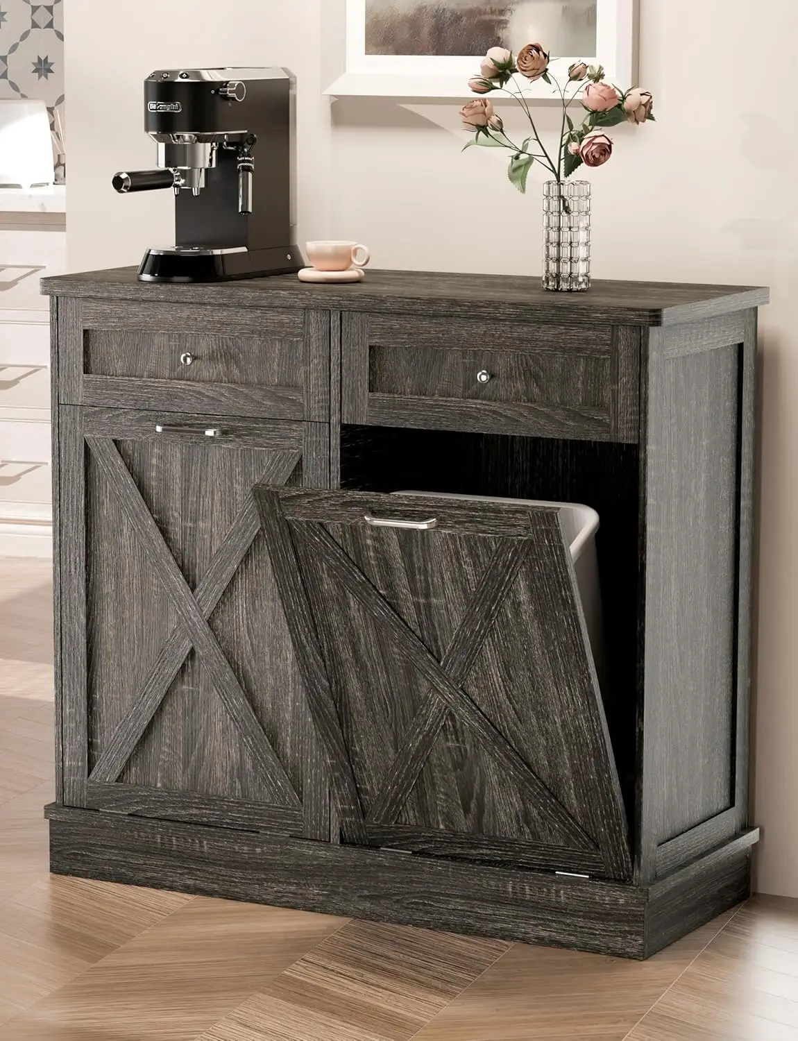 

Double Tilt Out Trash Can Cabinet with Barn Door, Solid Wood Top, Odor Blocking, Pet Proof, 39.3"L x 13"W x 35.8"H