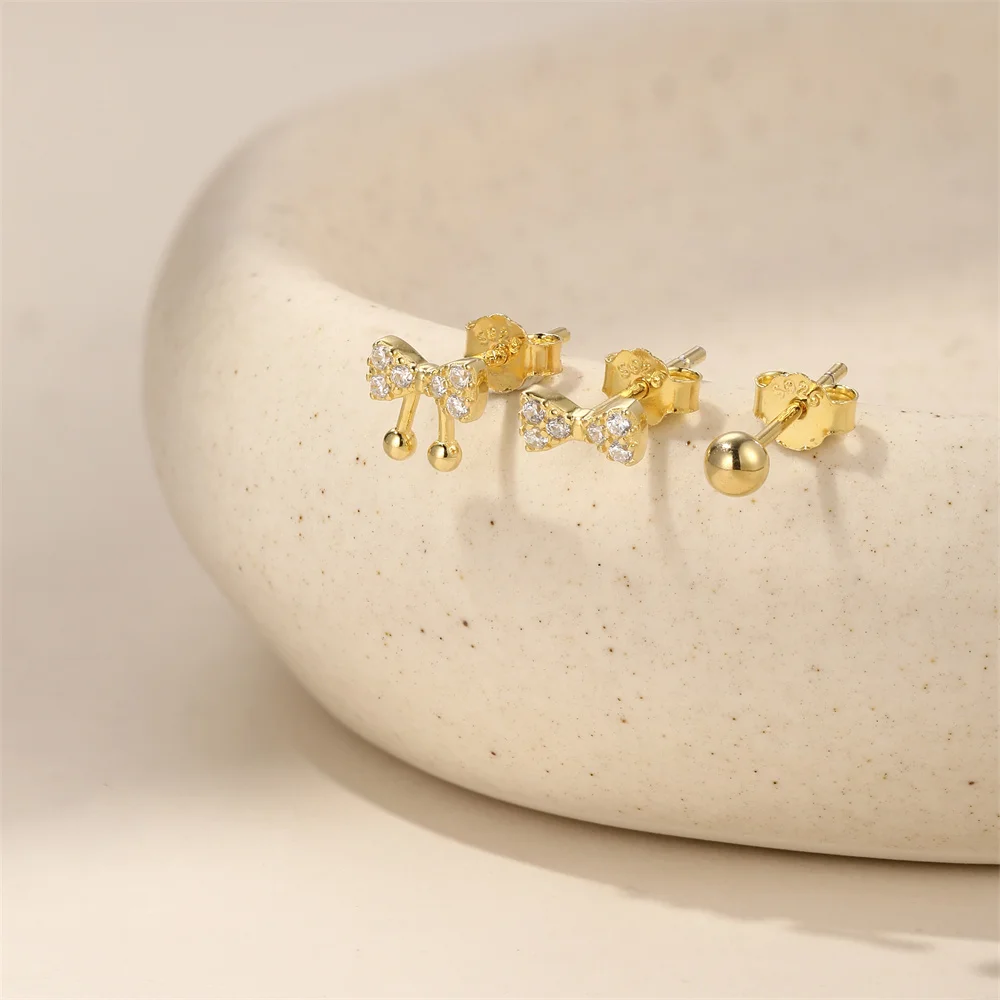 مساعد 925 فضة 3 قطعة مجموعة من الحلقان رائعة لطيف القوس ترصيع الماس المألوف كوريا الأذن ترصيع غرامة طقم مجوهرات