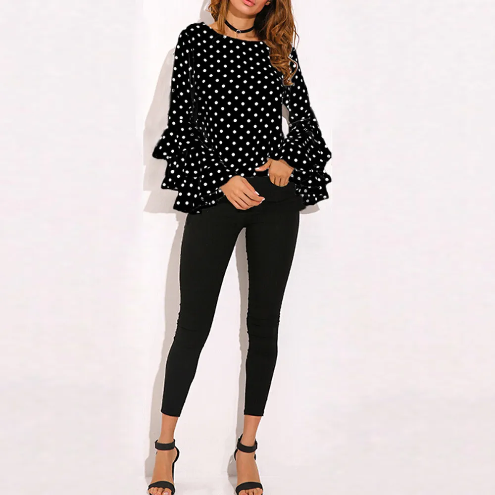 Women's Fashion Dots Printing Shirts Round Neck Long Sleeved Ladies Blouses Trumpet Sleeved Retro Style Loose Casual Tops