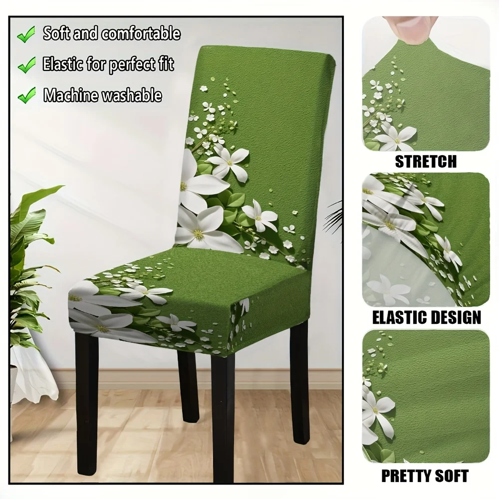 2/4/6pcs Fresh Green & White Floral Dining Chair Slipcover, Washable Stretch Seat Protector