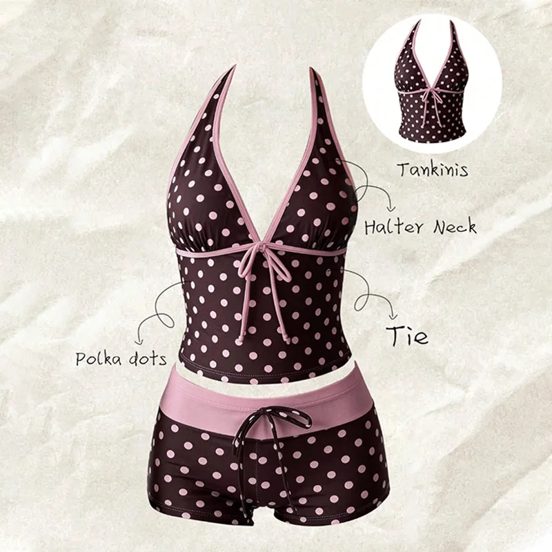 New Sexy Polka Dot Women Swimsuit Halter V Neck Front Tie Cami Top Contrast Swim Shorts Bikini Set Summer Beach Pool Swimwear