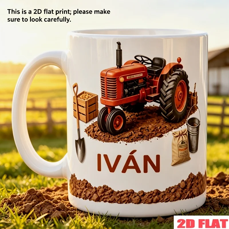 Personalized Farm Tractor Coffee Mug Custom Name 2D Farm Tool Design Gardener Gift Agriculture Theme Ceramic Rustic Cup