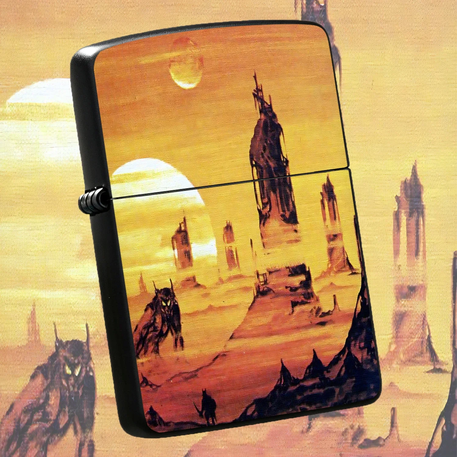 Retro Sci-Fi Desert Ruins Themed Windproof Lighter, Artistic Alien Ruins Dual Celestial Scene Printed Ignition Gear, Unique Creative Gifting, Full-Scenario Adaptable Daily Practical Ignition Accessory, Niche Aesthetic Trendy Portable Decor