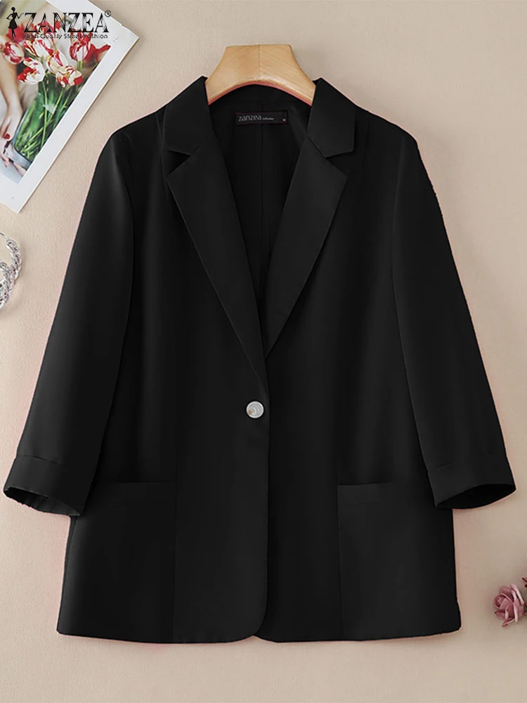 

ZANZEA Fashion Solid Color Blazer Office Lady Formal Young Coat 2025 Spring 3/4 Sleeve Lapel Outwears Women Commuting Korean Top