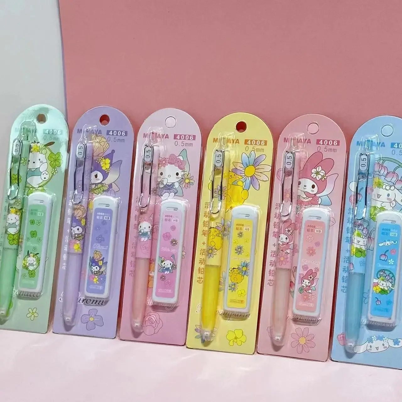 6 conjunto flor festa sanrio conjunto dos desenhos animados mymelody kuromi cinnamoroll kawaii 0.5mm lápis mecânico com recargas