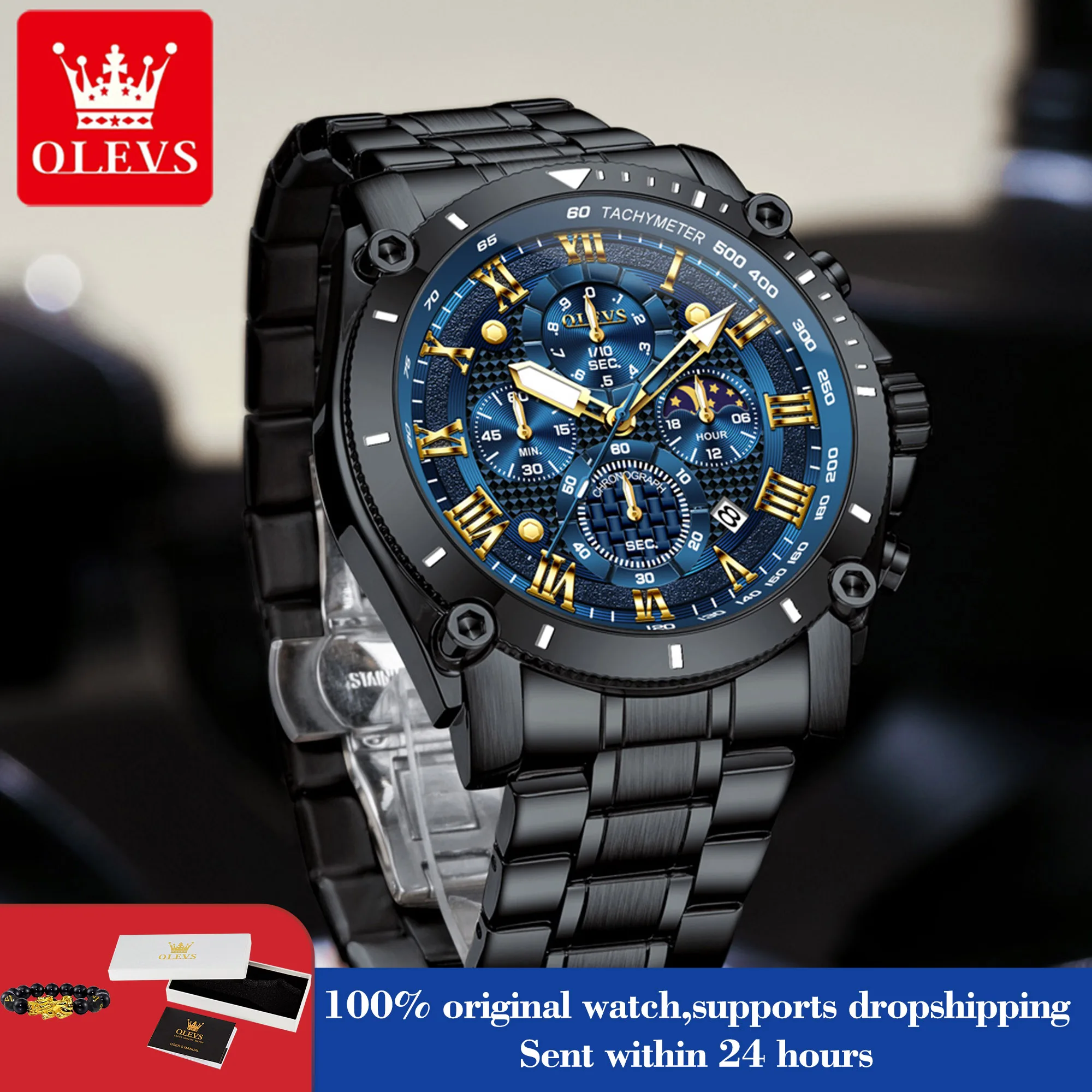 

OLEVS 3689 Кварцевые мужские часы, модные оригинальные часы 47 мм с большим циферблатом, римская шкала, часы с фазой Луны для мужчин, водонепроницаемые ручные часы с календарем