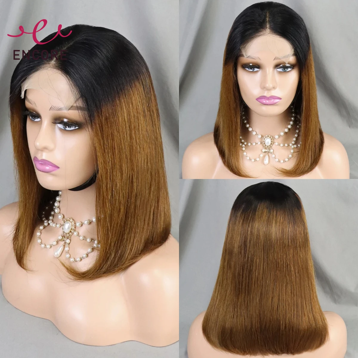 12 Inches 180% Density Straight Short Bob Wigs 4x4 Lace Closure Wigs 1BT4 Color Brazilian Remy Human Hair Wig for Black Women