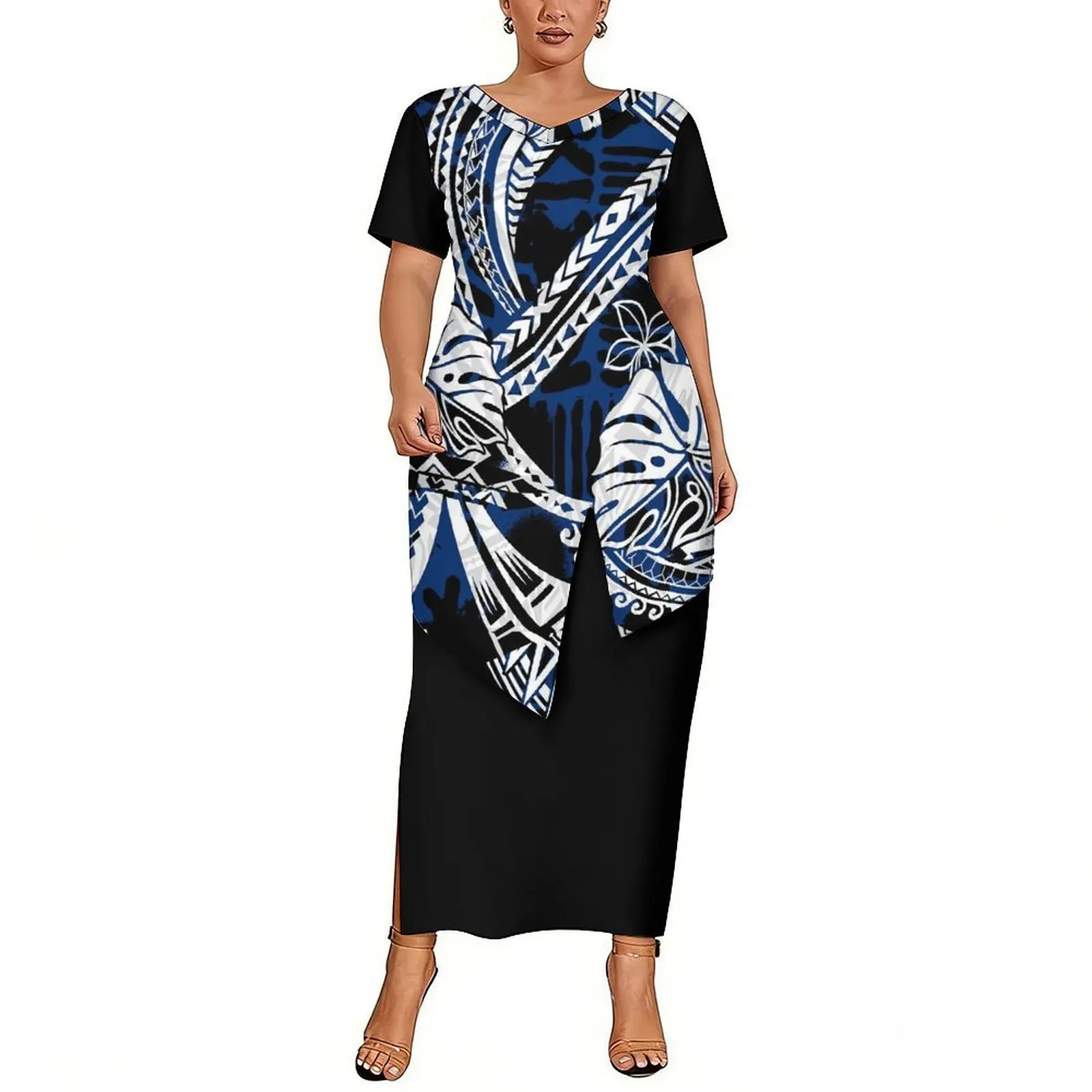 

2026 New Polynesian Custom Wholesale Clothing - Summer A-Line Skirt With V-Neck And Short Sleeve Women'S Puletasi Set Dress