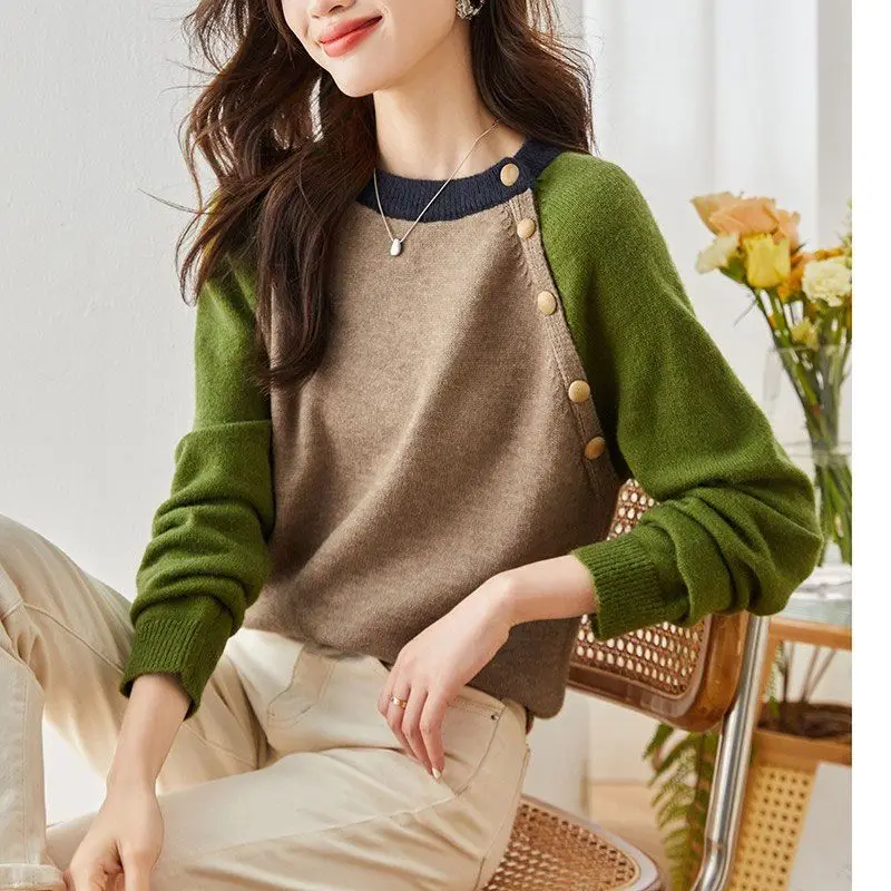 Autumn Winter Solid Color Round Neck Long Sleeve Fashion Sweater Women High Street Contrast Color Pullovers Elegant Button Tops