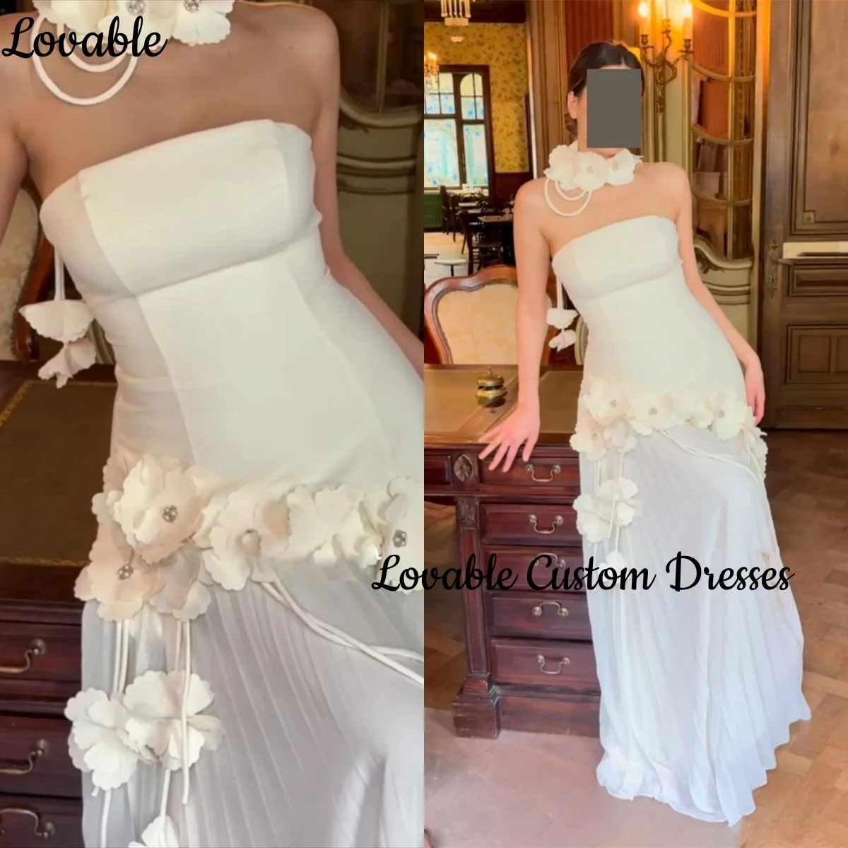 

Flowers Dubai فساتين سهرة Strapless A-Line Lace Floor-Length Floor-Length Wedding Party Dress Zipper Up Sleeveless Lining Birthd