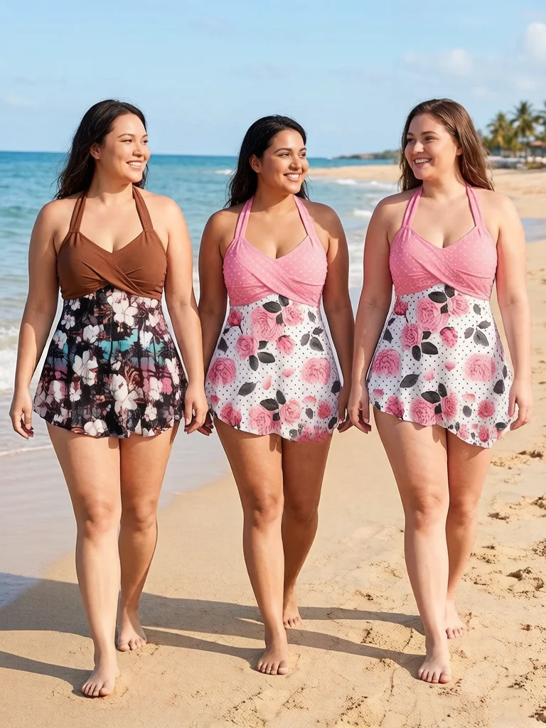 

Women Floral Printed Twist Front Backless Halter Tankini Swimsuit High Waisted Boyleg Bottoms Vintage Retro Two Piece Beachwear