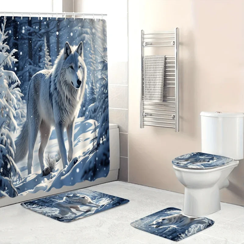 

4 шт., набор занавесок для душа с принтом снежного волка, водонепроницаемая занавеска для перегородки в ванной комнате с крючками, нескользящий коврик для ванной, U-образный унитаз