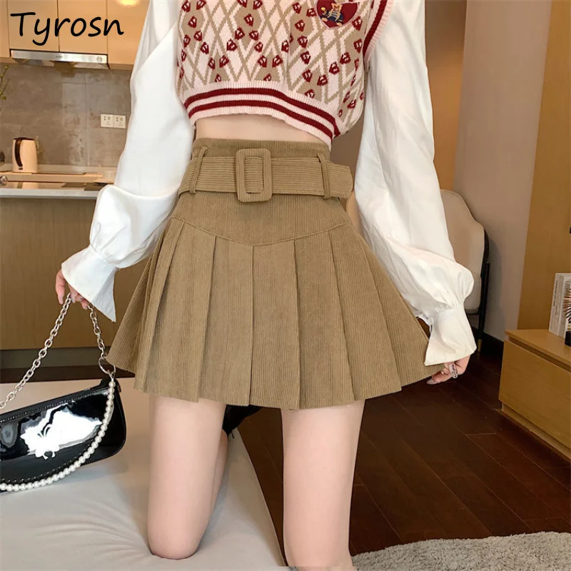 

Skirts Women Corduroy Daily Retro Designer Students Simple Solid A-line Autumn Belt All-match Mini Korean Style Comfortable Chic