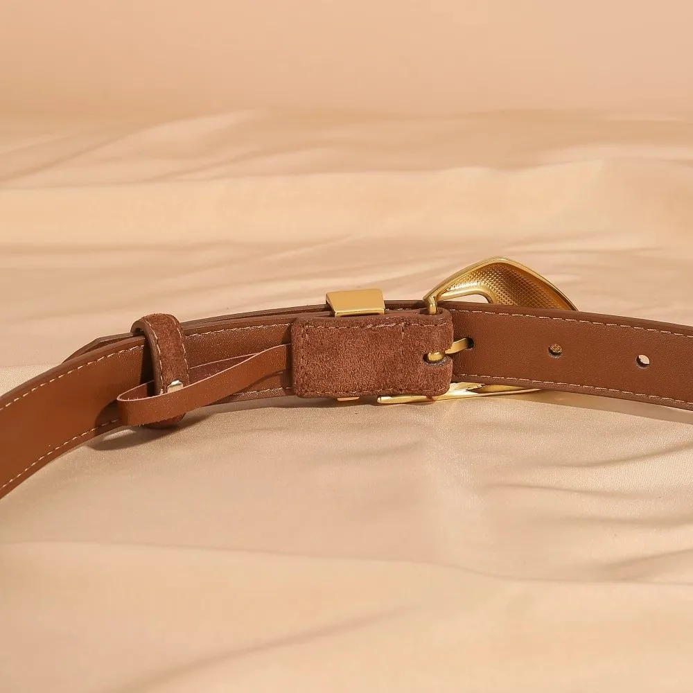 حزام جلد البقر الفاخر من جلد الغزال مع إبزيم ذهبي، حزام خصر نحيف متعدد الاستخدامات، أحزمة فستان بنطلون بلون واحد