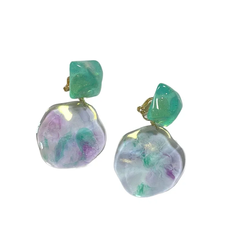 Aurora Blue Wavy Round Transparent Geometric Ear Clips Korean Spring Summer Acrylic Shell Shaped Clip on Earrings No Piercing