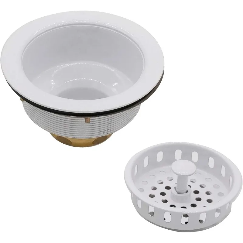 D2165-50 Colador de cesta de cocina grande estilo poste con brida y tapón de eliminación de residuos, capa en polvo blanca