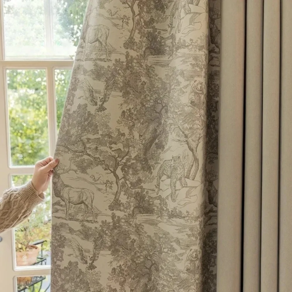 Customized Milk Tea Color Animal Jacquard Chenille Curtains for Living Room Bedroom Thickened Patched French Window Decor Drapes