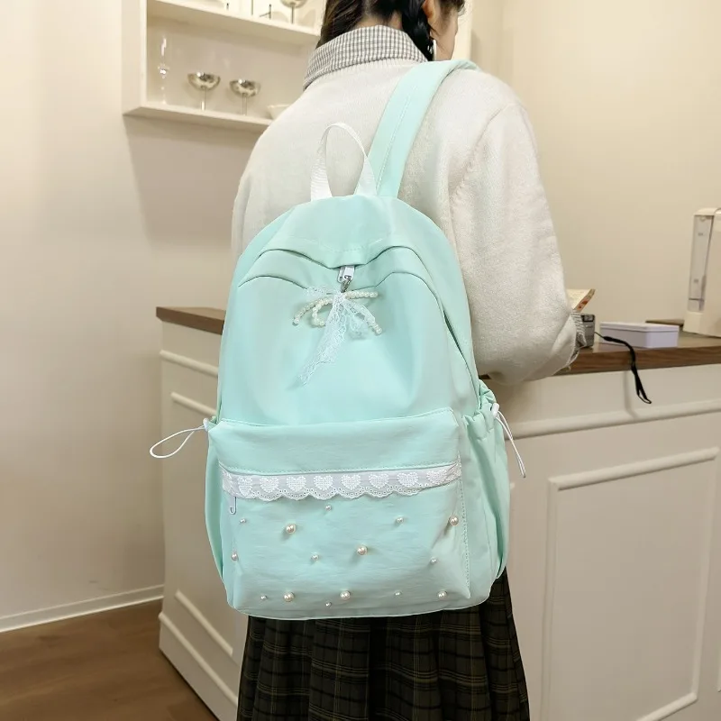 Transparent Exquisite Nylon Pearl Decoration Backpacks New Students Versatile School Bags Hot Sale Durable Daily Commute Bags