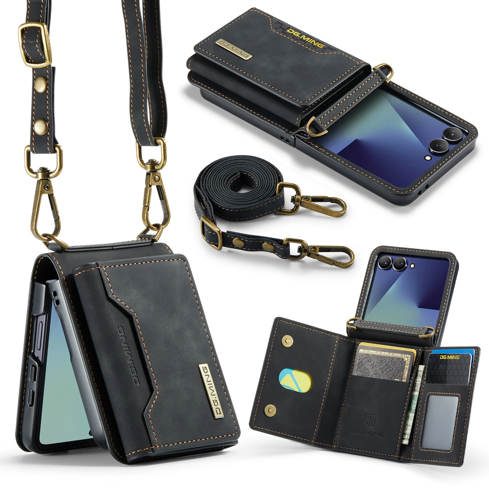 

DG.MING Luxury 2 in 1 Card Bag Wallet Leather Case for Galaxy Z Flip 7 Flip6 Flip5 Long Strap Crossbody Folding Protective Cover