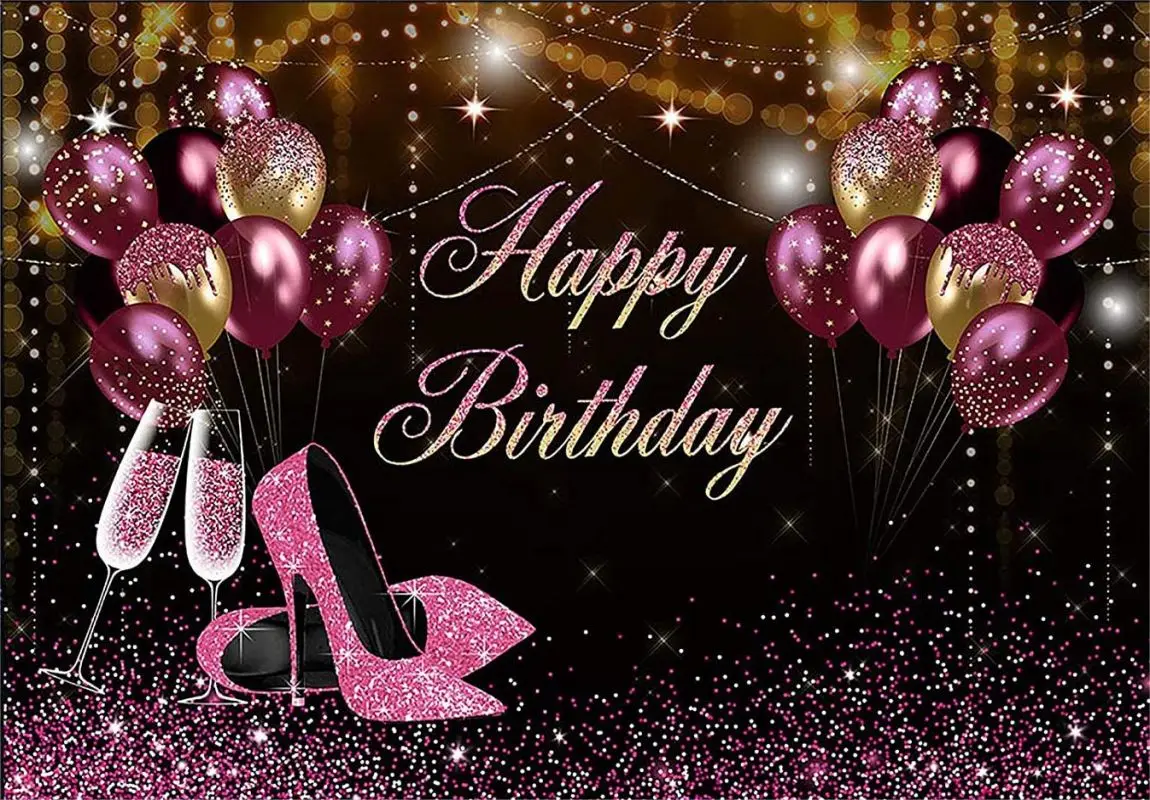 Glitters Backdrop Girl Women Happy Birthday Party Banner High Heels Champagne Golden Balloons Decorations Photography Background