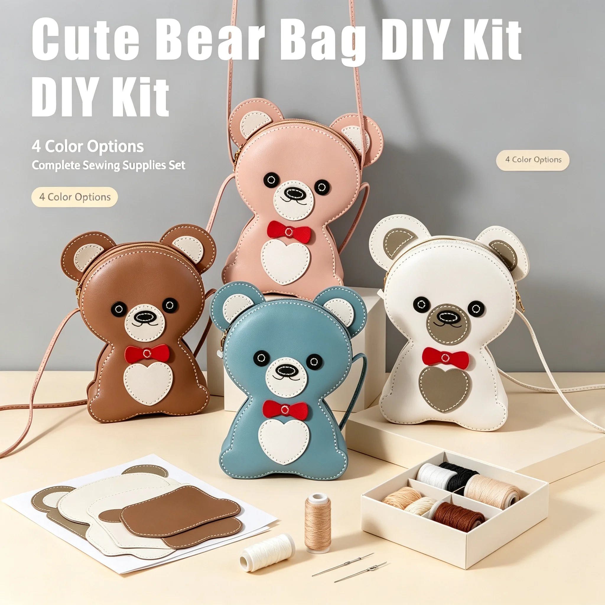 DIY Hand Sewing Kit for Bear Shape Crossbody Purse, Pre-Punched PU Leather Material Set, Complete Craft Accessories for Beginner