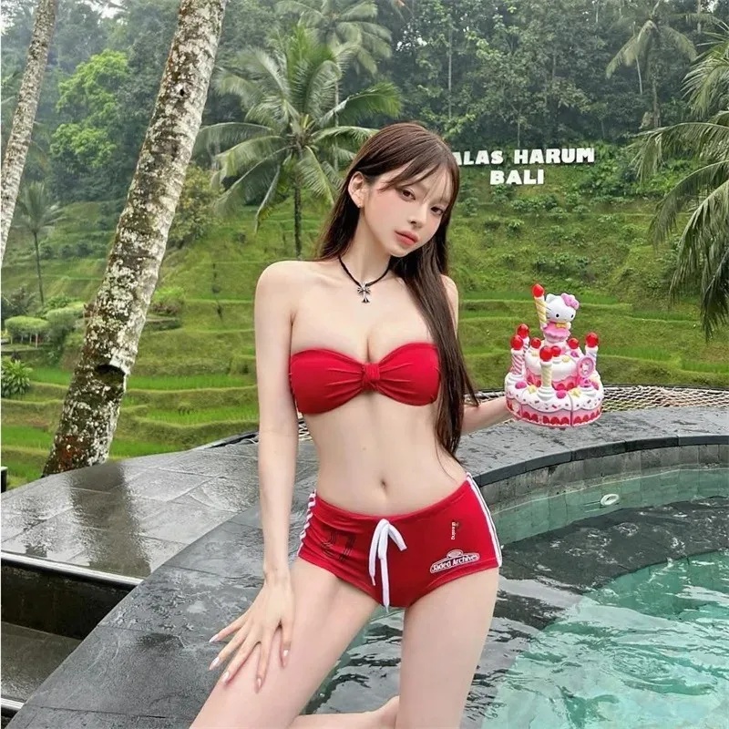 

American Casual Sports Letter Print Short Sleeve Women's T-Shirt Summer Stripe Splice Slimming Belly Show off Two-Piece Swimsuit