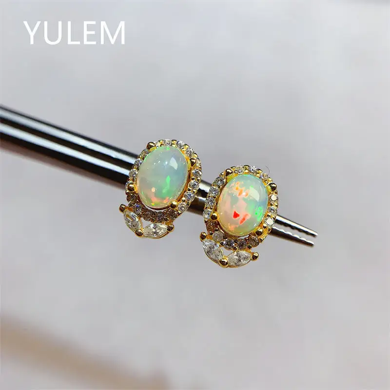 

Oval Natural opal Stud Earrings For Women 925 Silver Simple Fine Jewelry Stone Gemstone Classic Style