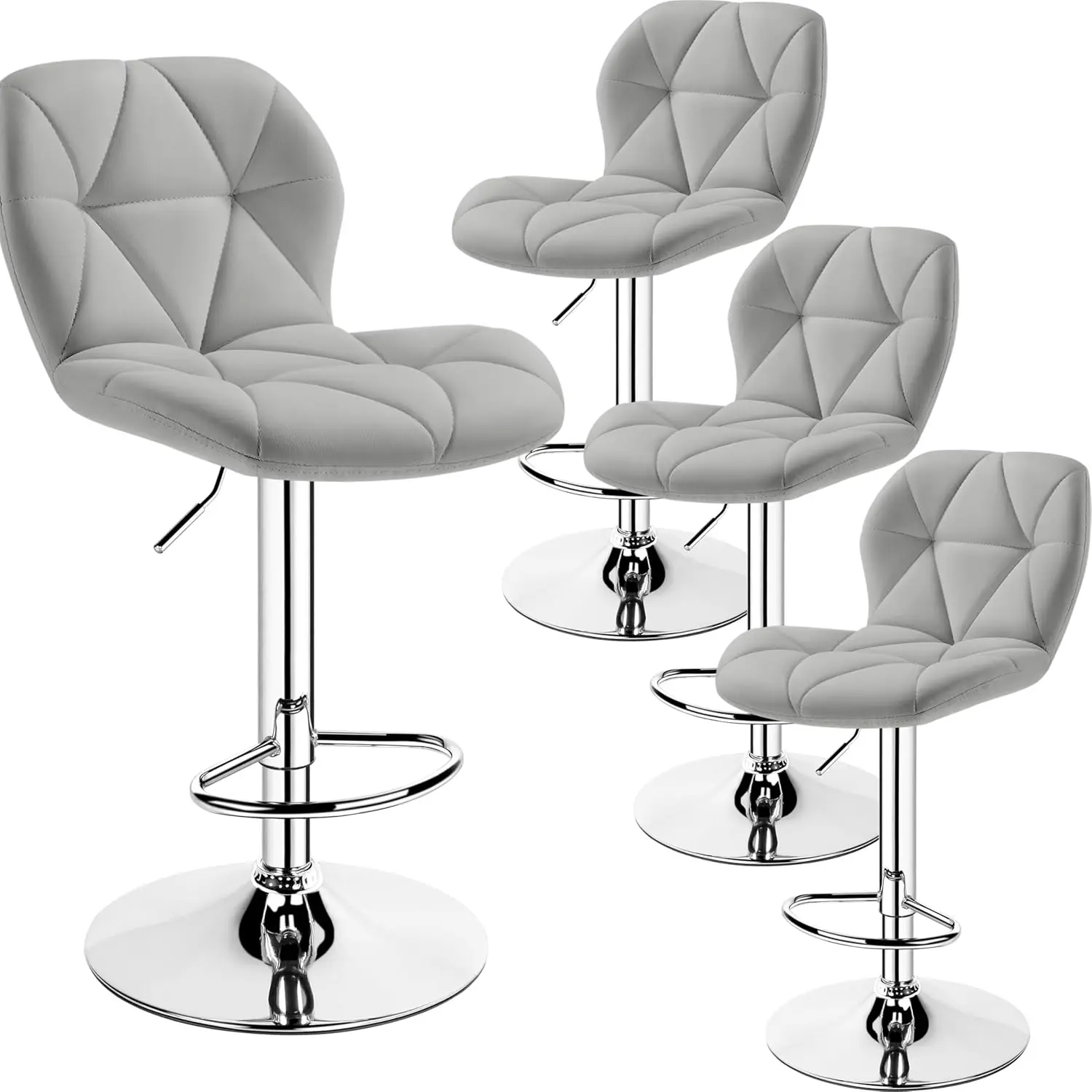 Taburetes de bar de cuero PU de 4 piezas, altura ajustable, con respaldo, gris claro
