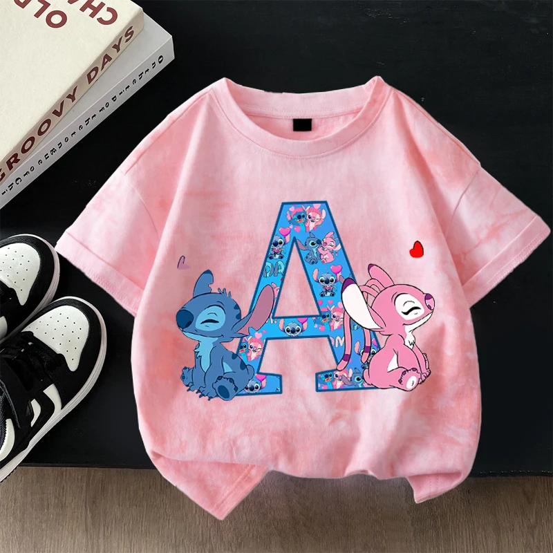 

Disney Stitch Tie-dye T-shirts for Children Letter A-Z Printed Short Sleeved Shirt Boys Girls Summer Fashion Top Kids Clothes