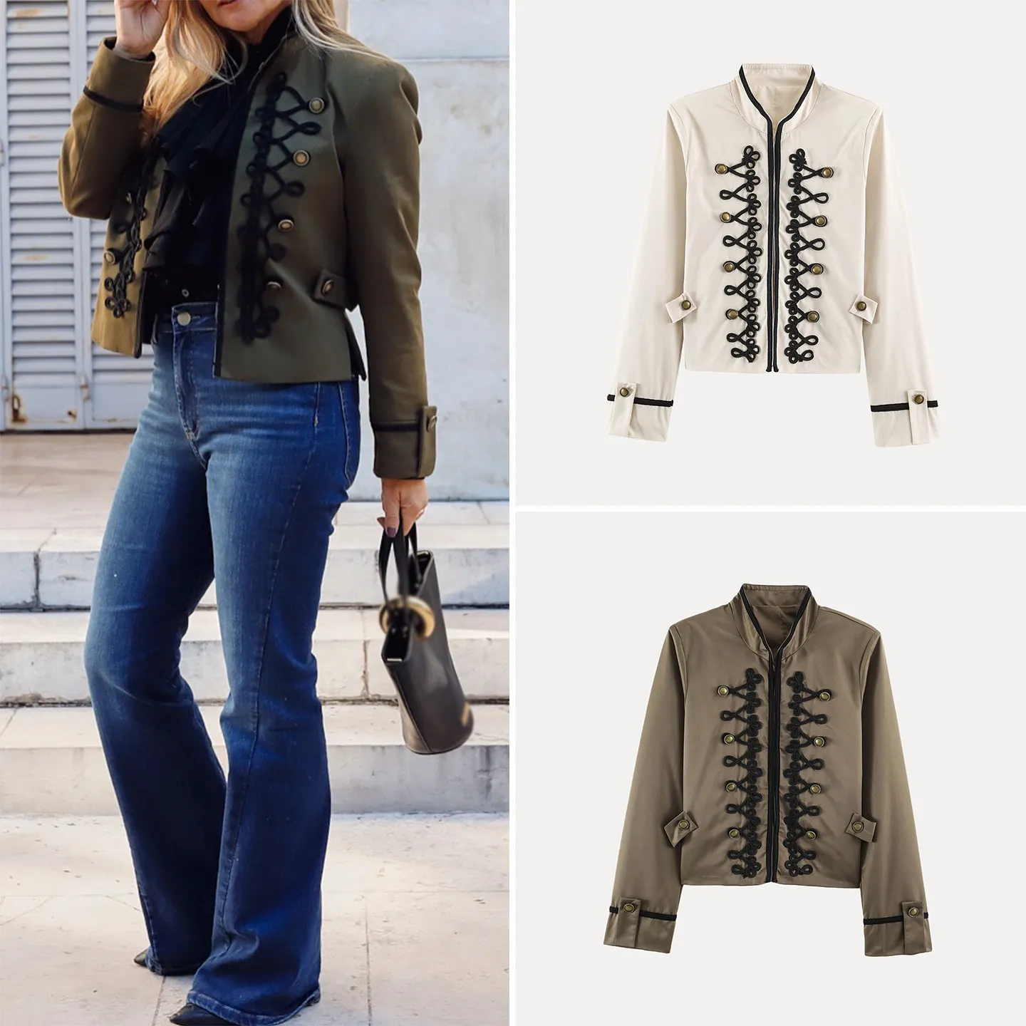 Women's Fashionable Embroidered Slim Fit Jacket Stand Collar Rope Knot Multi-Color Spring Autumn Casual Style Short Coat