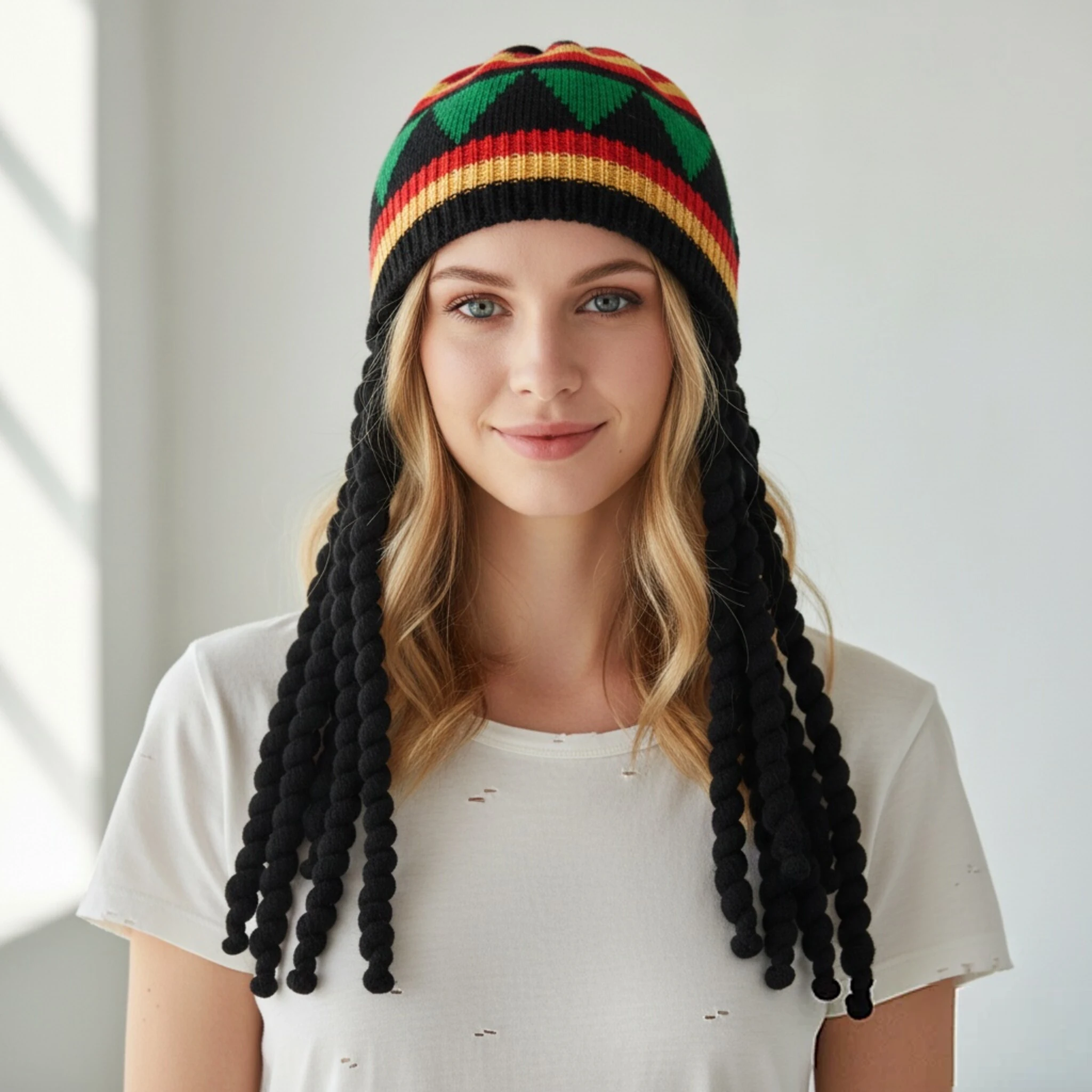 Adult Reggae Knit Beanie Thick Black Braids Rasta Style Striped Hat Warm Knitted Cap for Halloween Party Cosplay Themed Events