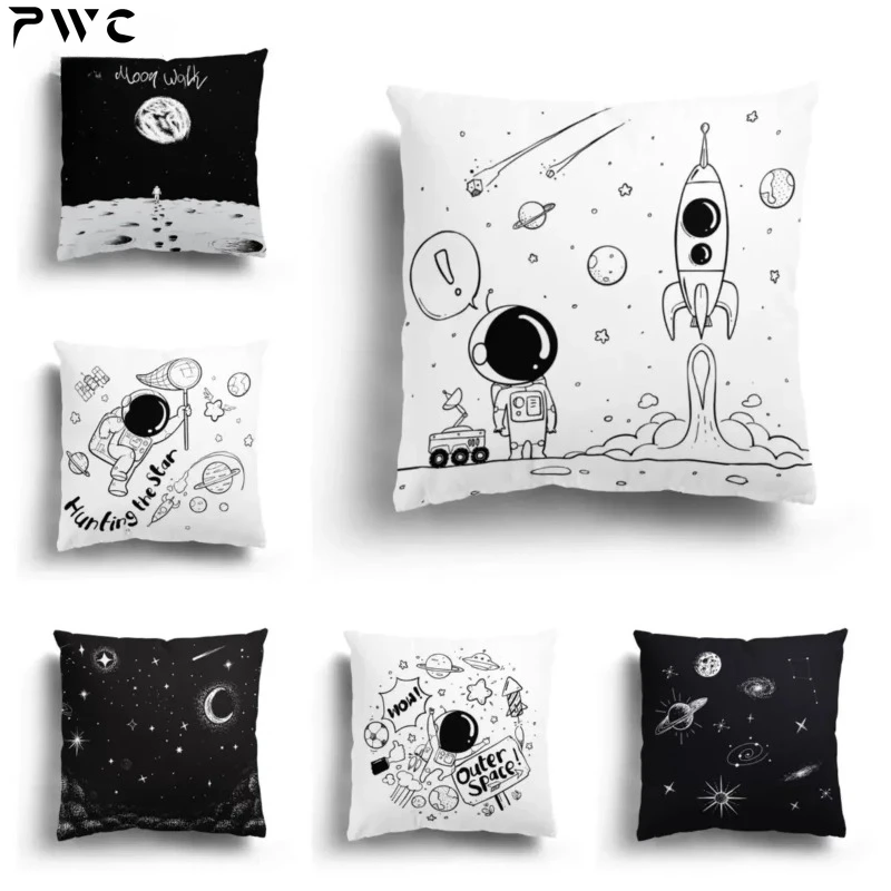 

Home Sofa Cushion Cover Cartoon Pattern Pillowcase Fashion Black and White Star Astronaut Pillowcase