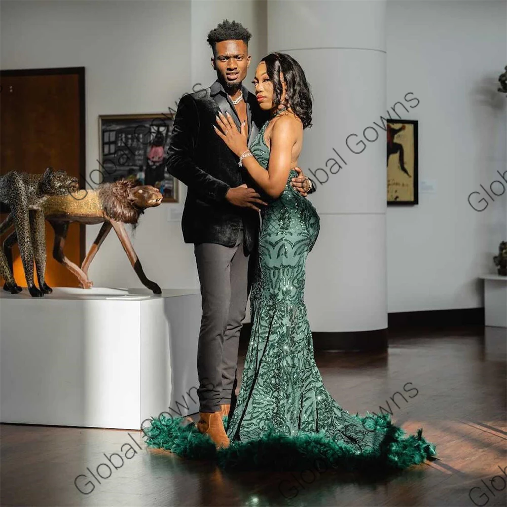 green emerald velvet dress Black and Green Beaded Tulle Long Formal Dress with Open Back, Long Pr –  Cutedressy main image 0