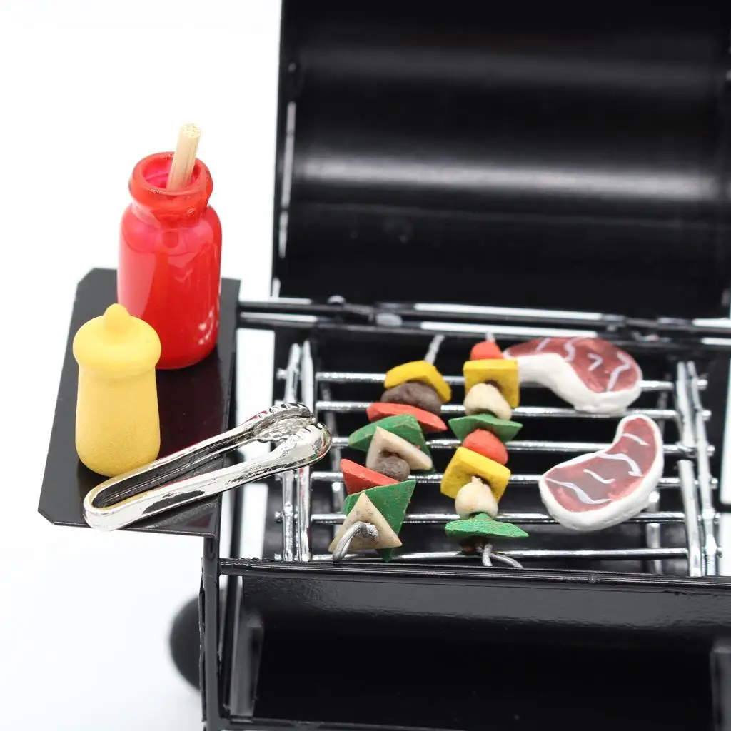 Forno Churrasco Miniatura com Modelo Alimentar, Utensílios de Cozinha, Dollhouse, 12