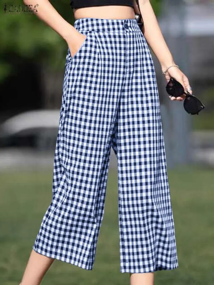 ZANZEA سراويل صيفية أنيقة عالية الخصر منقوشة سراويل نسائية طويلة 2025 جيوب خريف مكتب سيدة بنطلونات ملابس الشارع كبيرة الحجم