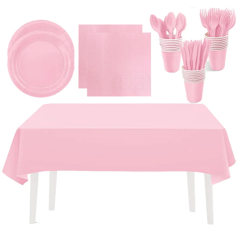 Solid Pink Color Party Supplies Disposable Tabkecloth,Paper,Cups,Plates,Spoons,Kid Girl Birthday Supplies Baby Shower