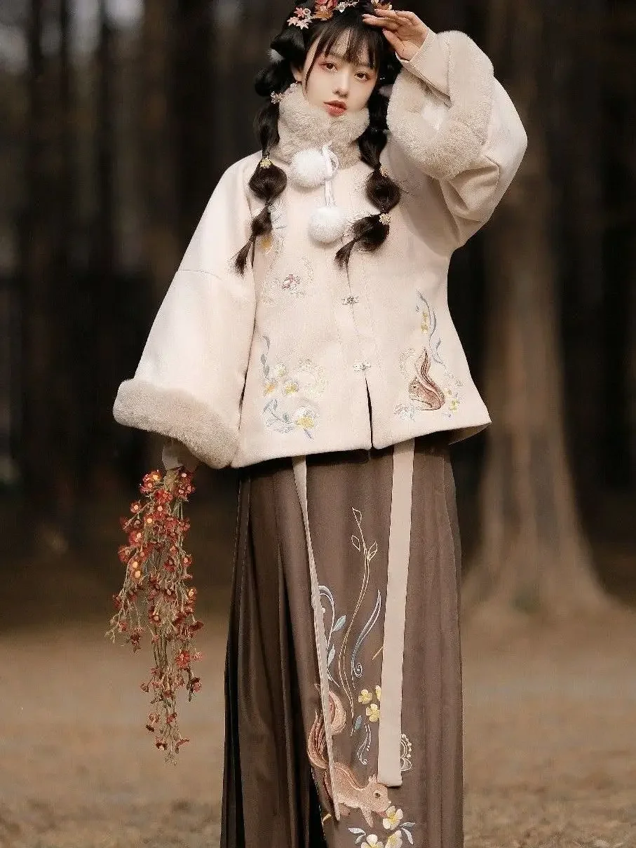 فستان صيني مربع العنق نصف كم هانفو ، نمط مينغ ، تنورة ذيل حصان ، الزي التقليدي ، الخريف والشتاء