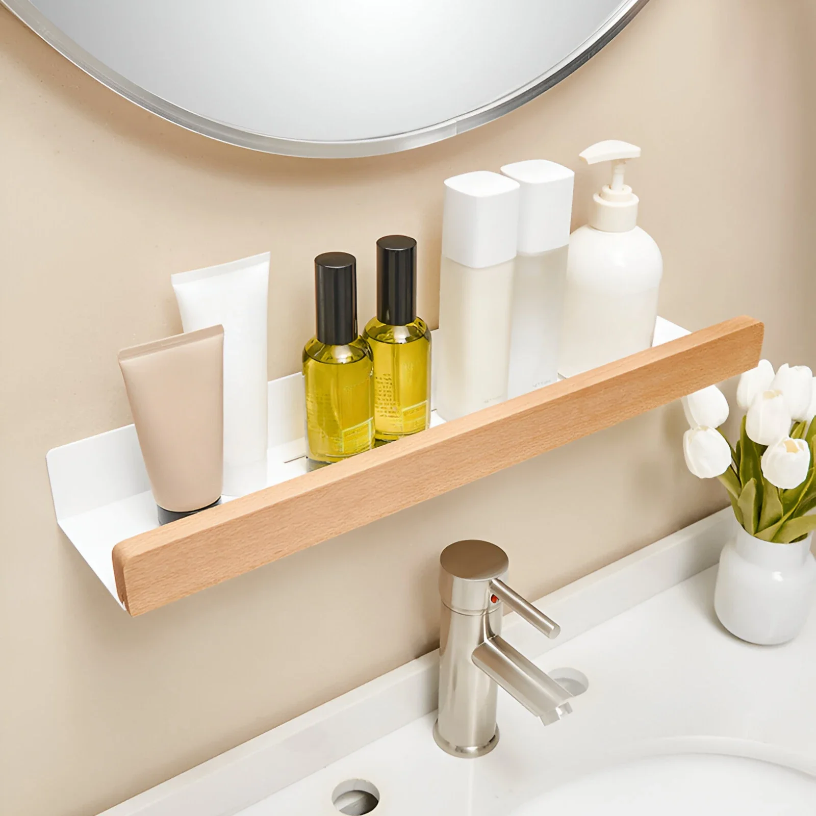 Beech wood bathroom storage rack wall mounted light luxury living room non perforated bathroom storage rack bathroom shelf