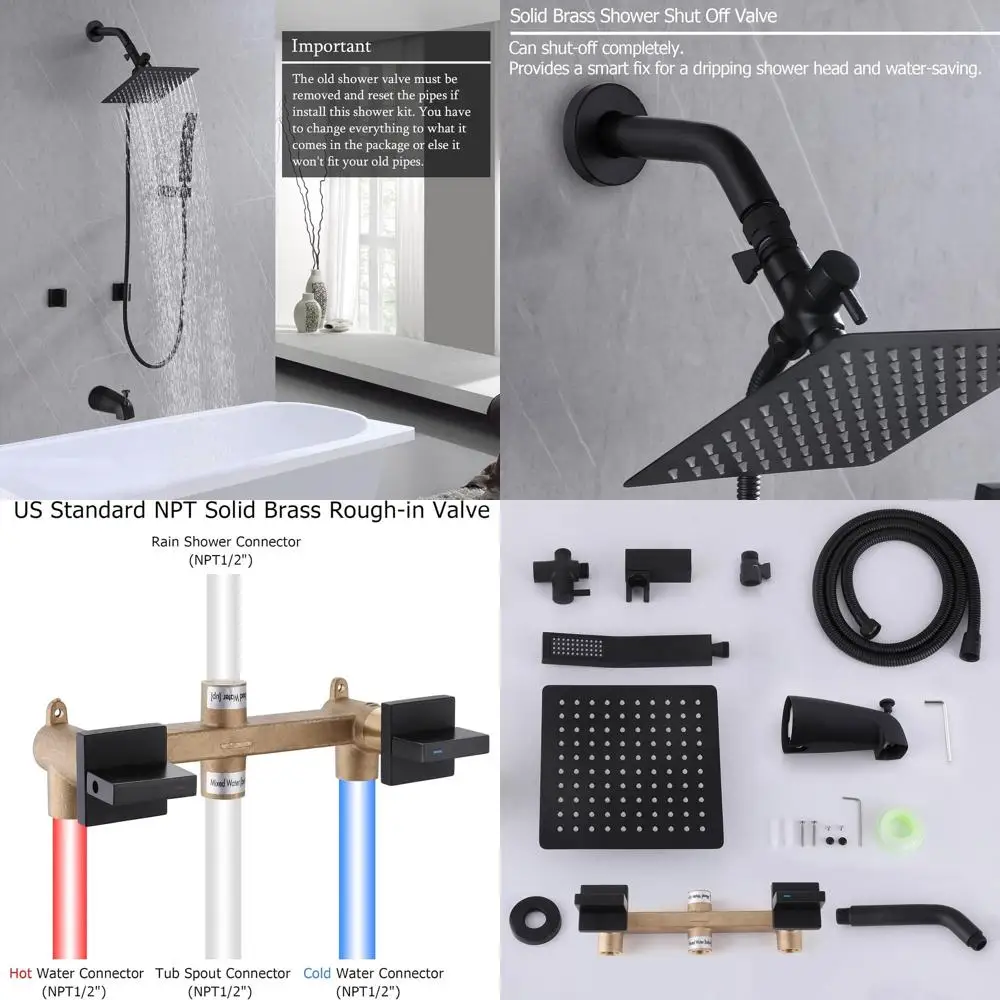 Matte Black Shower Faucet Set with Tub Spout and Shower System, Complete Trim Kit for Tub and Shower