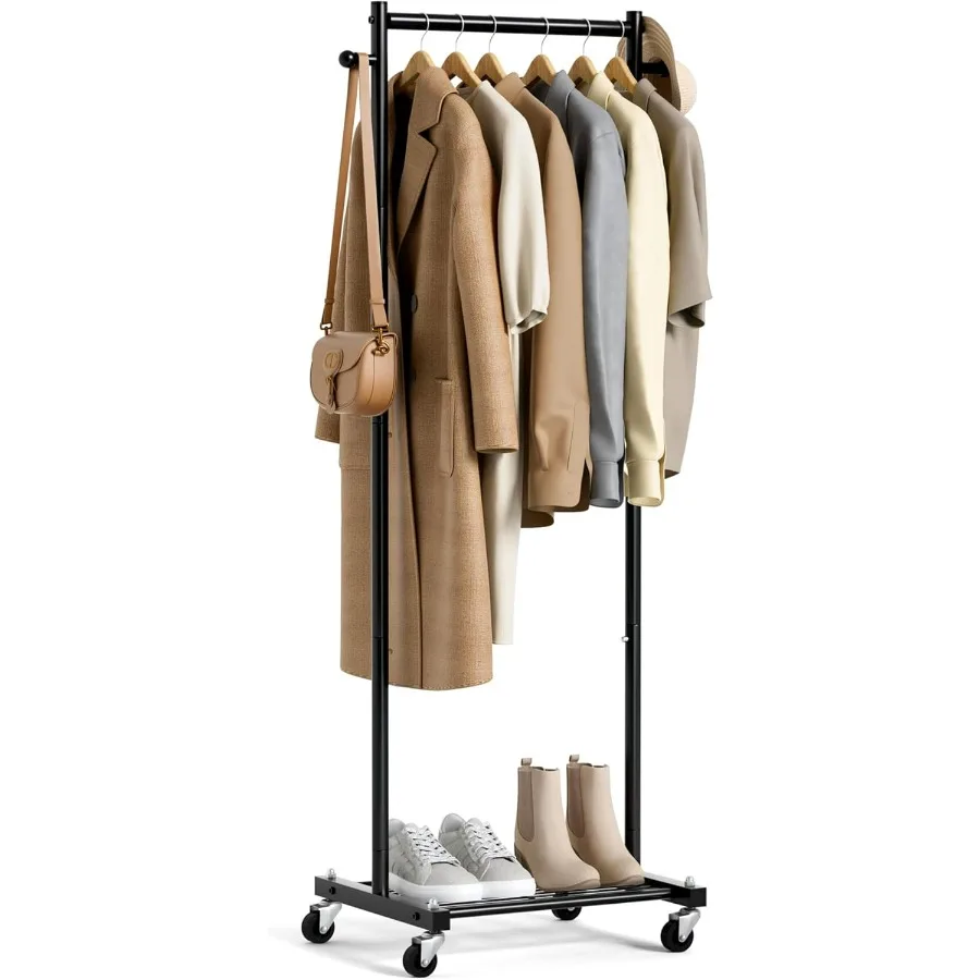 Portable Rolling Garment Rack with Wheels for Small Spaces: 60 Metal Clothing Rack with Shelves Ideal for Hanging Clothes Compa