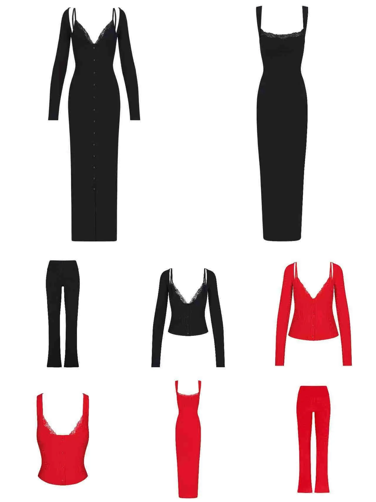 

Vntine's Day Lace Patchwork Strap Vest Long Sve Dr Women's Set Sexy Cotton Blend Faionable European Sle Casual Wear