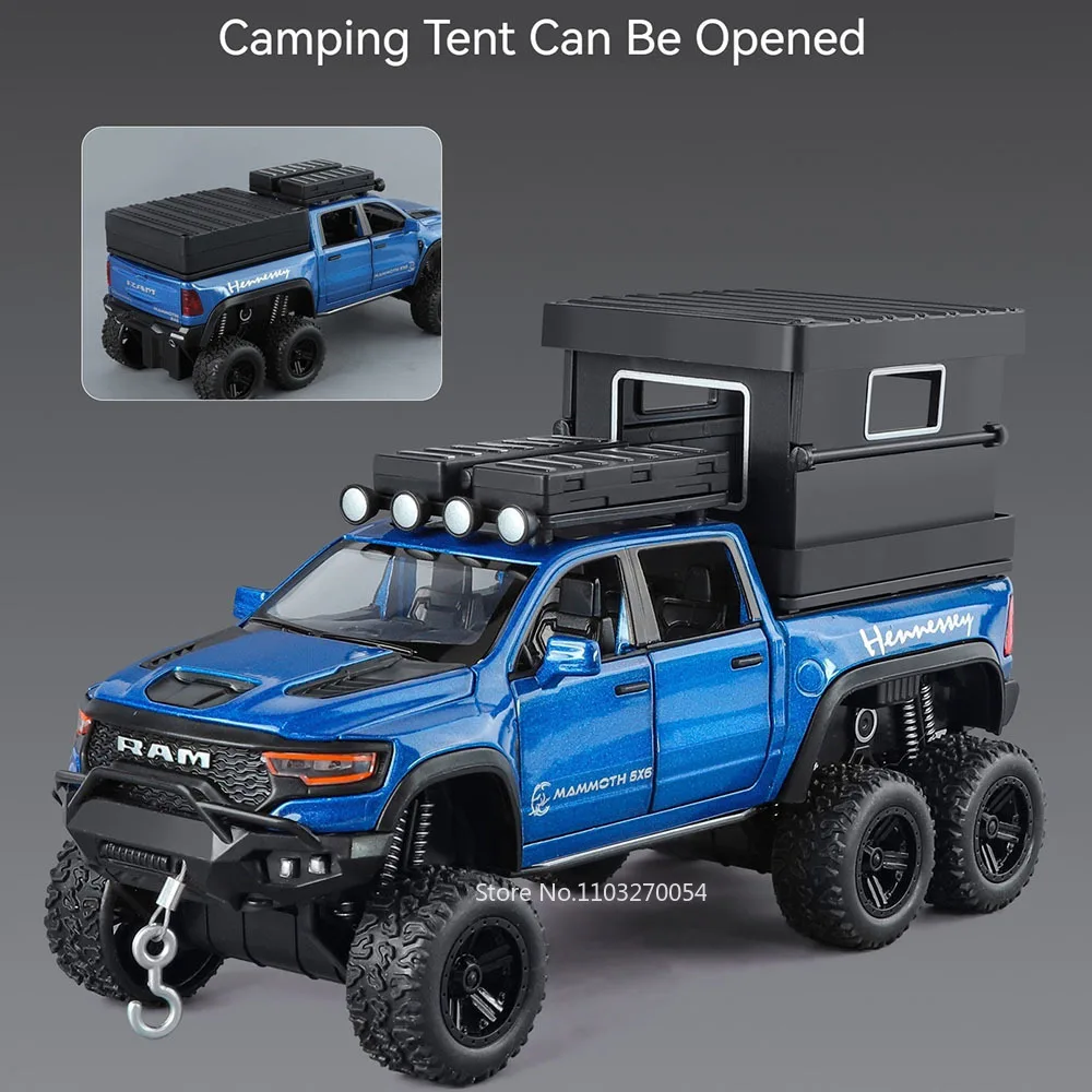 Modelo de coche Ram TRX Mammoth Pickup, escala 1:32, juguetes de aleación fundidos con sonido, luz, puertas extraíbles, furgoneta abierta, juguete para niños