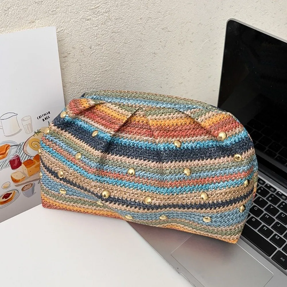 Fashion Rainbow Straw Evening Clutch Stripe Rivet Weave Clutch Bag Large Capacity Korean Style Straw Purse Vacation Use