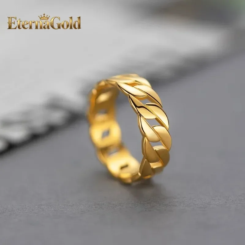 

EternaGold 24K real gold Cuban Chain Ring Fashion ins simple design Internet celebrity 9999 gold cold wind chain ring