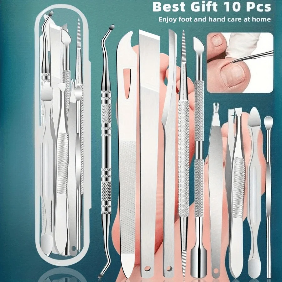 10pcs Professional Pedicure and Manicure Tool Set - Stainless Steel Foot, Hand, and Nail Care Kit for Ingrown Nails and Removal